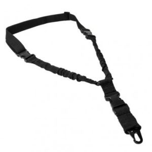 Adjustable deluxe single point bungee sling featuring three quick connect buckles and a metal spring clip. Heavy duty bungee shock cord inside the web tubing will absorb the shock of firearm bouncing when not shouldered. Bungee cord can also be used to provide additional support of the firearm onto the shooter's shoulder pocket. Metal spring loaded clip to quickly attach to a sling loop on a firearm. Shooter can quickly detach the sling from the firearm via any of the three quick connect buckles and to quickly re-attach the sling back onto the firearm. 1.25" webbing. The sling's overall length can be adjusted from 30" to 38". Weight: 6.6 oz. Available in multiple colors.