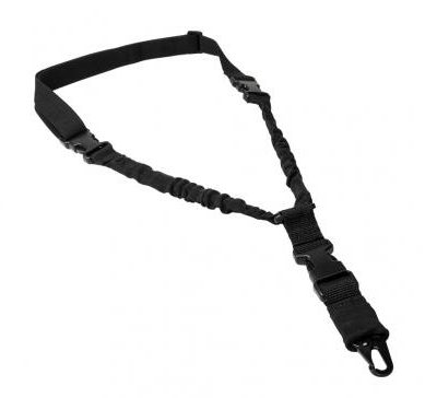 Adjustable deluxe single point bungee sling featuring three quick connect buckles and a metal spring clip. Heavy duty bungee shock cord inside the web tubing will absorb the shock of firearm bouncing when not shouldered. Bungee cord can also be used to provide additional support of the firearm onto the shooter's shoulder pocket. Metal spring loaded clip to quickly attach to a sling loop on a firearm. Shooter can quickly detach the sling from the firearm via any of the three quick connect buckles and to quickly re-attach the sling back onto the firearm. 1.25" webbing. The sling's overall length can be adjusted from 30" to 38". Weight: 6.6 oz. Available in multiple colors.