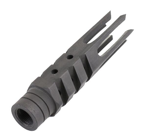 Our unique custom "Zombie Slayer" muzzle brake is designed with a modern noticeably aggressive profile. It has an overall length of 4" and 6 razor sharp prongs each measuring 1.6" long. The 8 ports redirect pressure resulting in significantly less muzzle rise and overall felt recoil. Constructed of CNC machined 4150 steel with a Parkerized finish Includes Jam Nut Features: Solid 4150 steel construction Black Parkerized finish "Zombie Slayer" design with 8 ports Length: 4" 1/2"x28 thread pitch Fits: AR-15