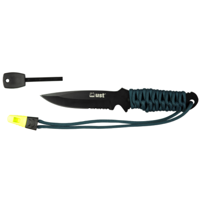 Ultimate Survival Technologies - ParaKnife 4.0 PRO, Fixed Blade Knife, 4" Stainless Steel Blade, Orange & Blue Paracord Handle w/ Fire Starter, Sheath, Black Oxide Finish, Combination Edge